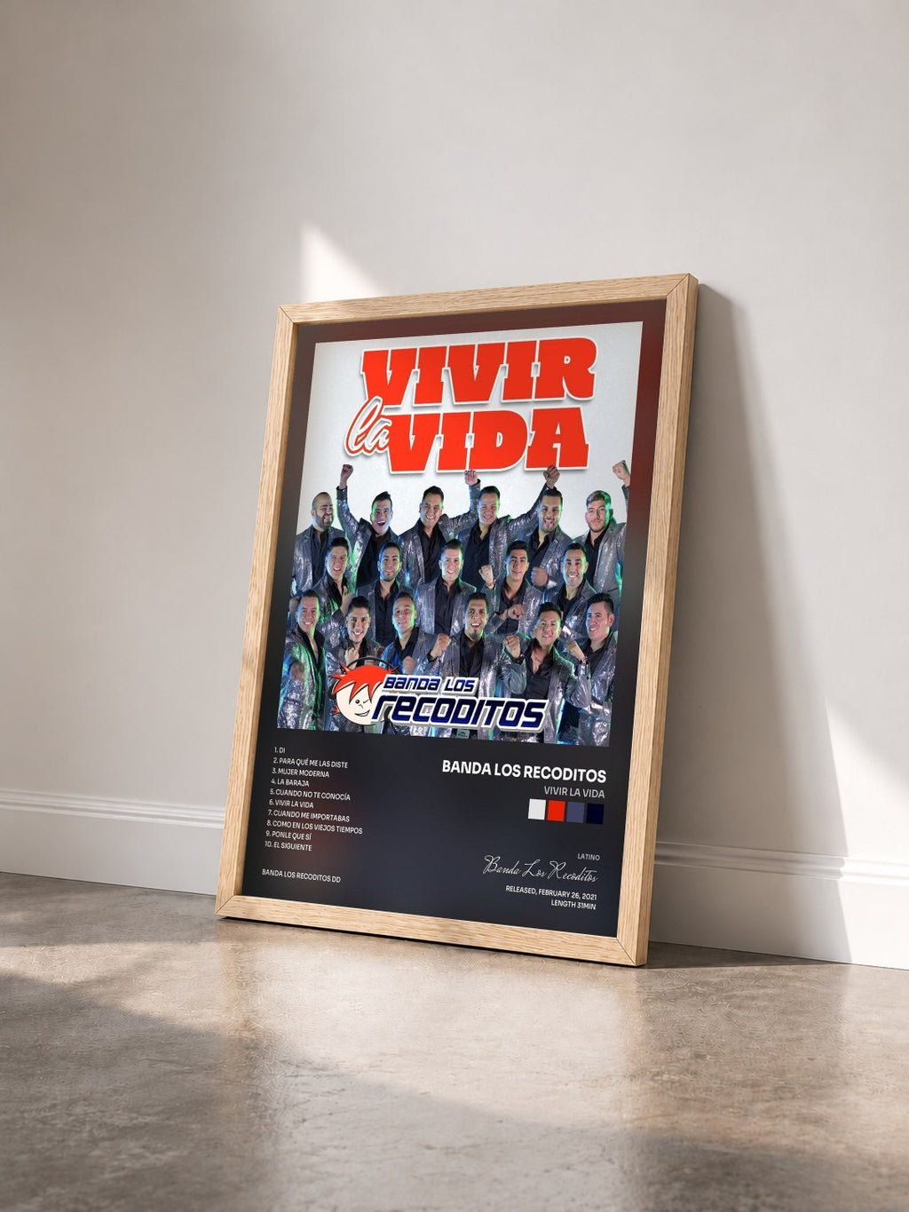 #bois Tableau de l'album Vivir La Vida de Banda Los Recoditos vu de trois quarts, cadre en bois brut