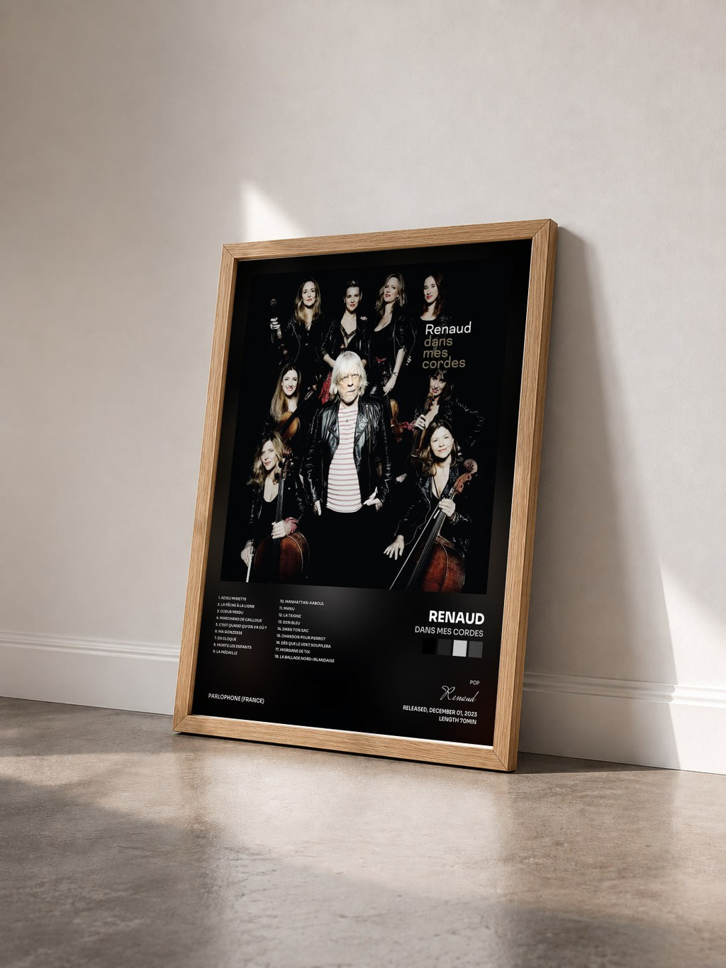 #bois Tableau de l'album Dans mes cordes de Renaud vu de trois quarts, cadre en bois brut