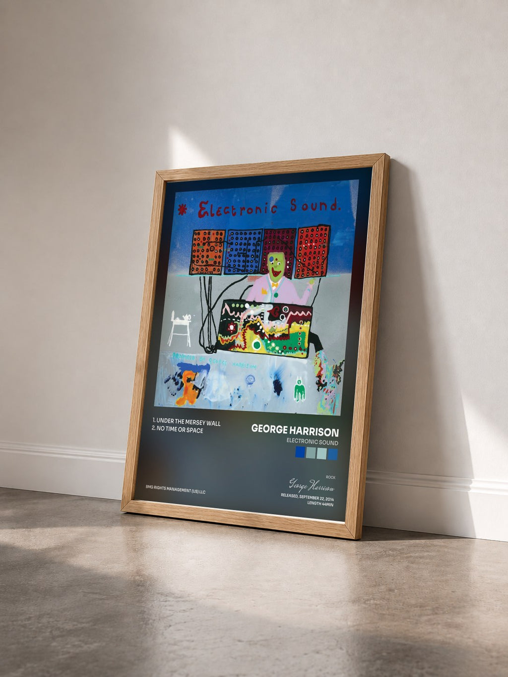 #bois Tableau de l'album Electronic Sound de George Harrison vu de trois quarts, cadre en bois brut