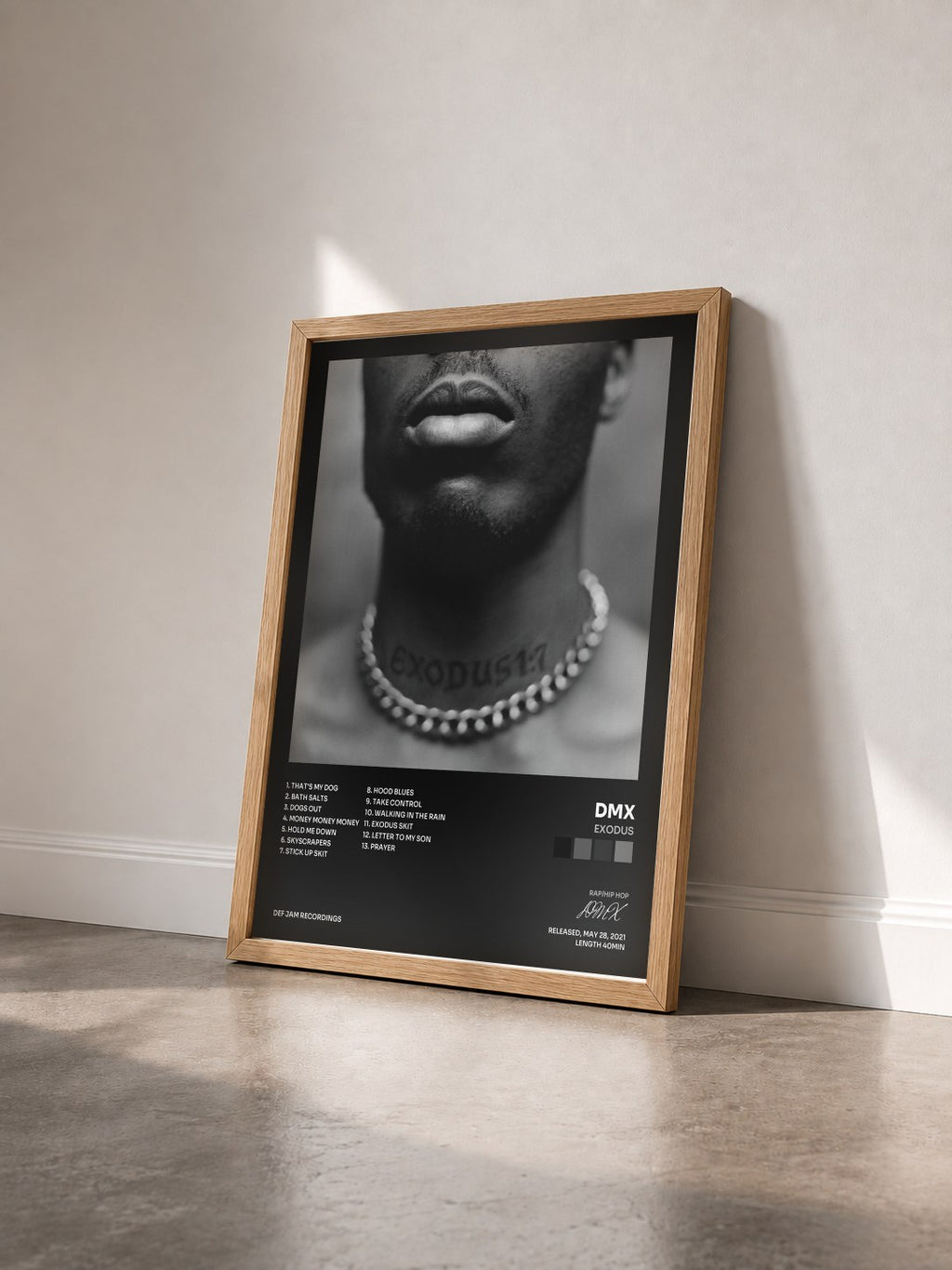 #bois Tableau de l'album Exodus de DMX vu de trois quarts, cadre en bois brut