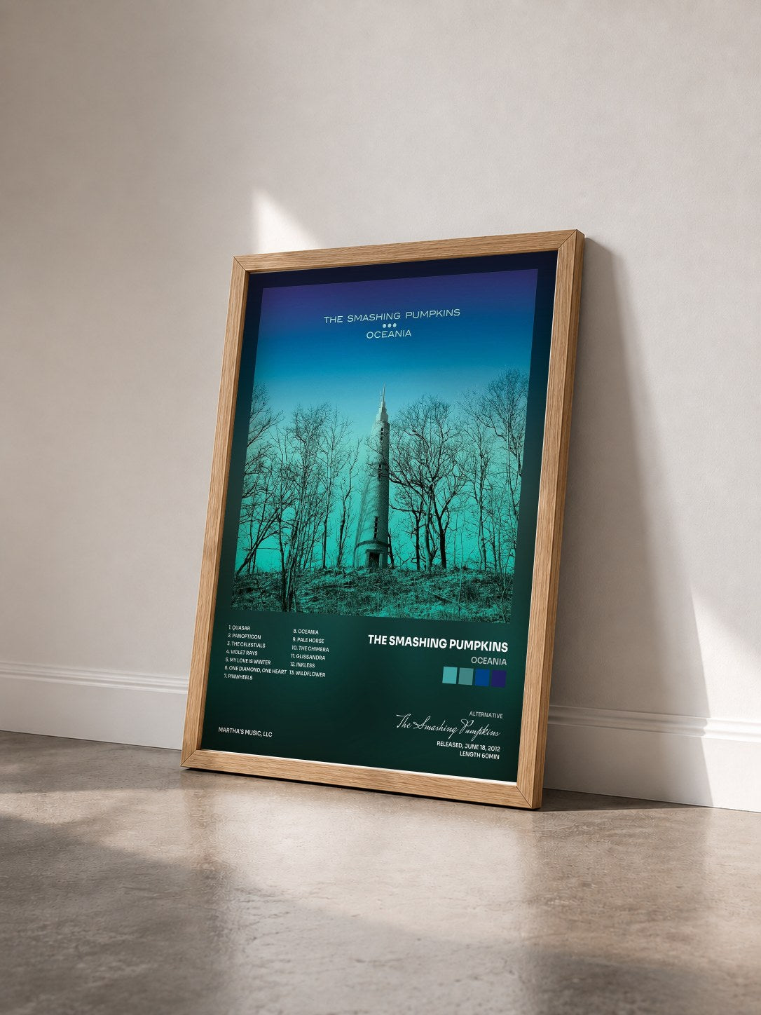 #bois Tableau de l'album Oceania de The Smashing Pumpkins vu de trois quarts, cadre en bois brut