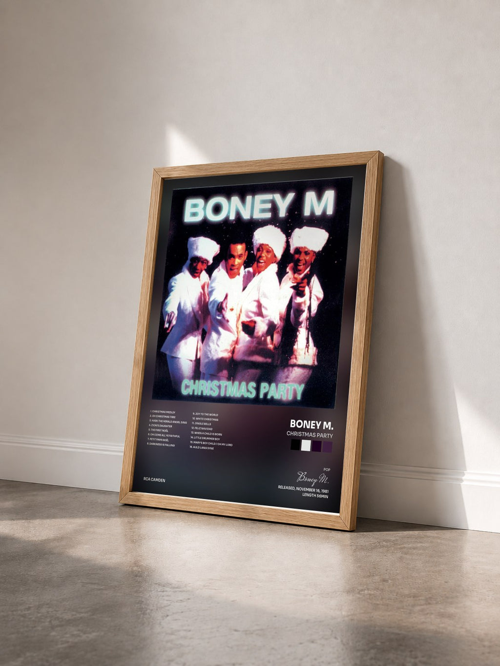#bois Tableau de l'album Christmas Party de Boney M. vu de trois quarts, cadre en bois brut