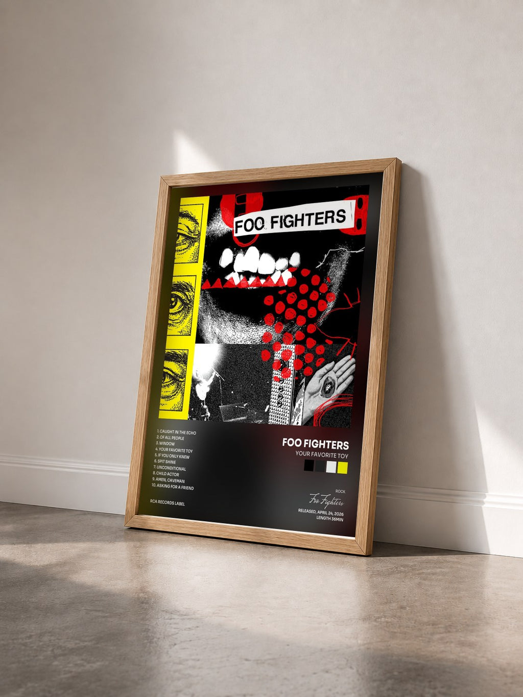 #bois Tableau de l'album Your Favorite Toy de Foo Fighters vu de trois quarts, cadre en bois brut