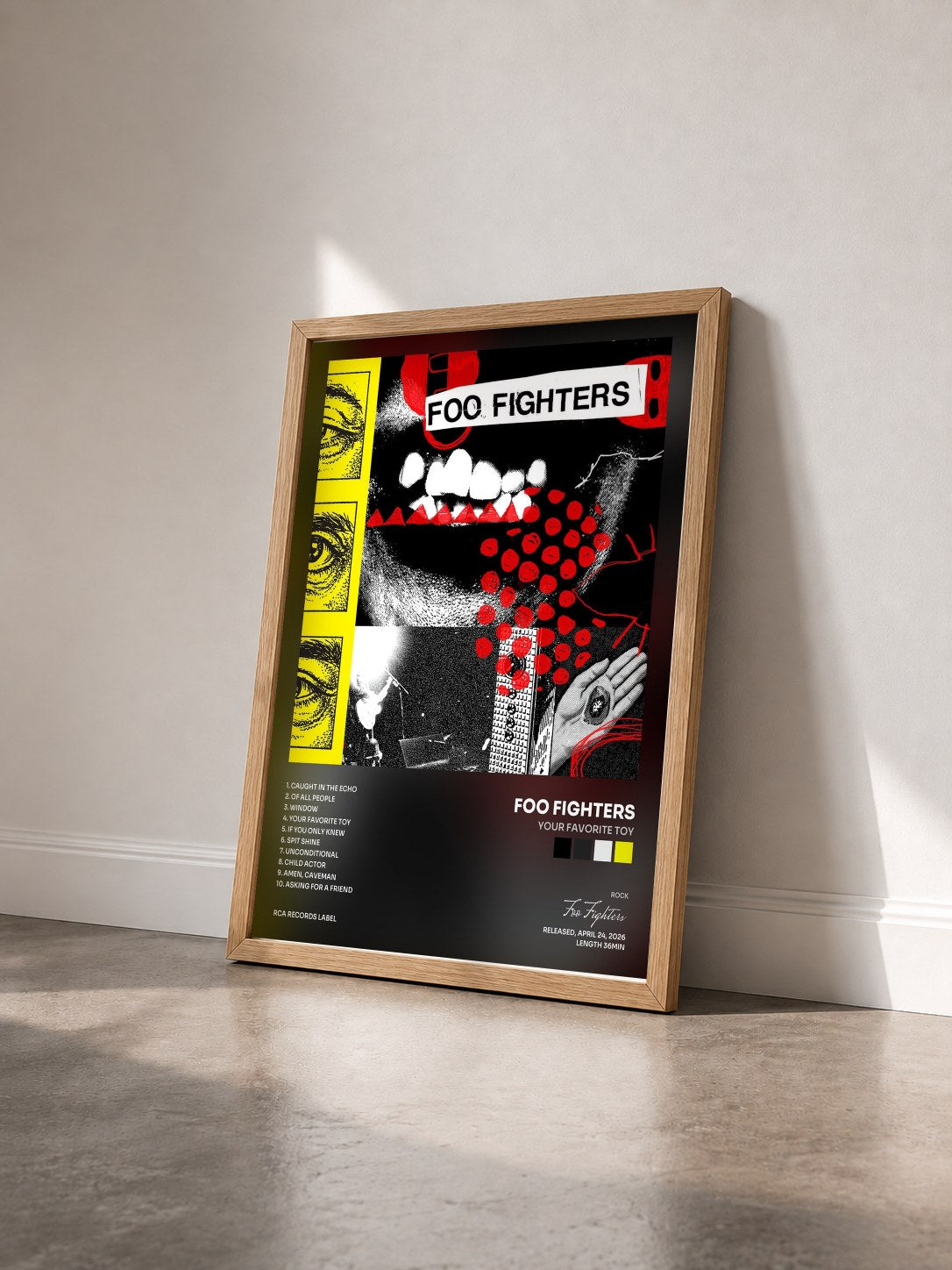 #bois Tableau de l'album Your Favorite Toy de Foo Fighters vu de trois quarts, cadre en bois brut