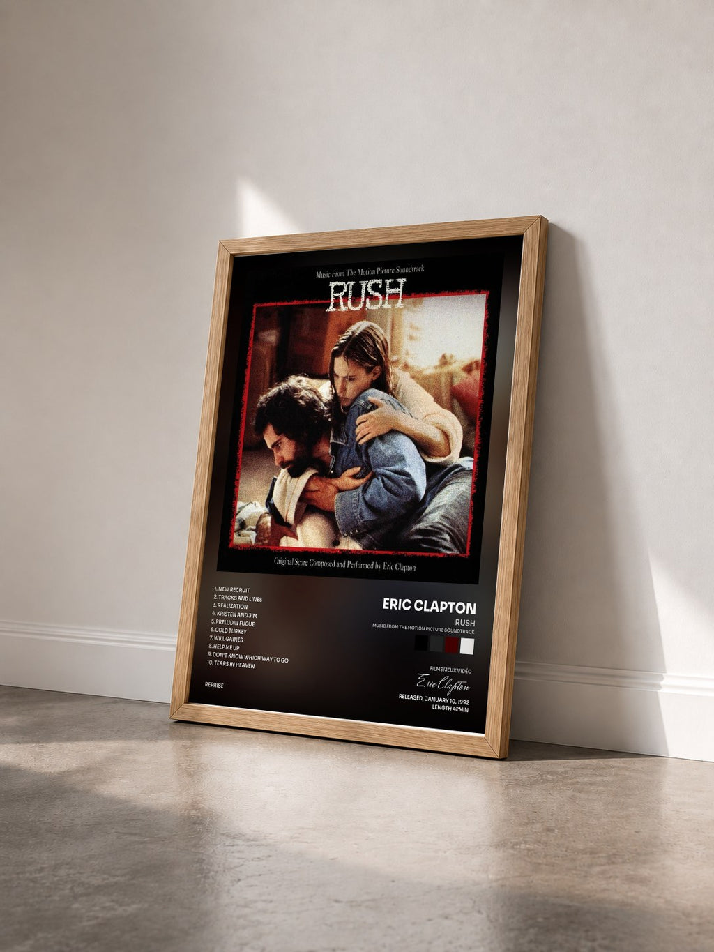 #bois Tableau de l'album Rush (Music from the Motion Picture Soundtrack) de Eric Clapton vu de trois quarts, cadre en bois brut