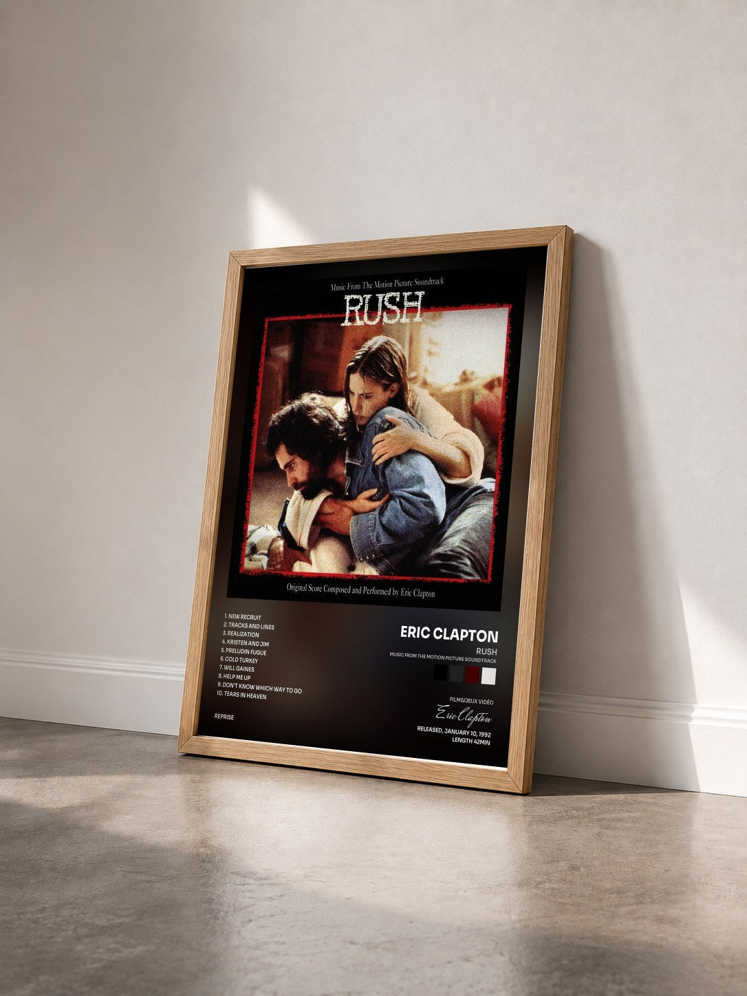 #bois Tableau de l'album Rush (Music from the Motion Picture Soundtrack) de Eric Clapton vu de trois quarts, cadre en bois brut