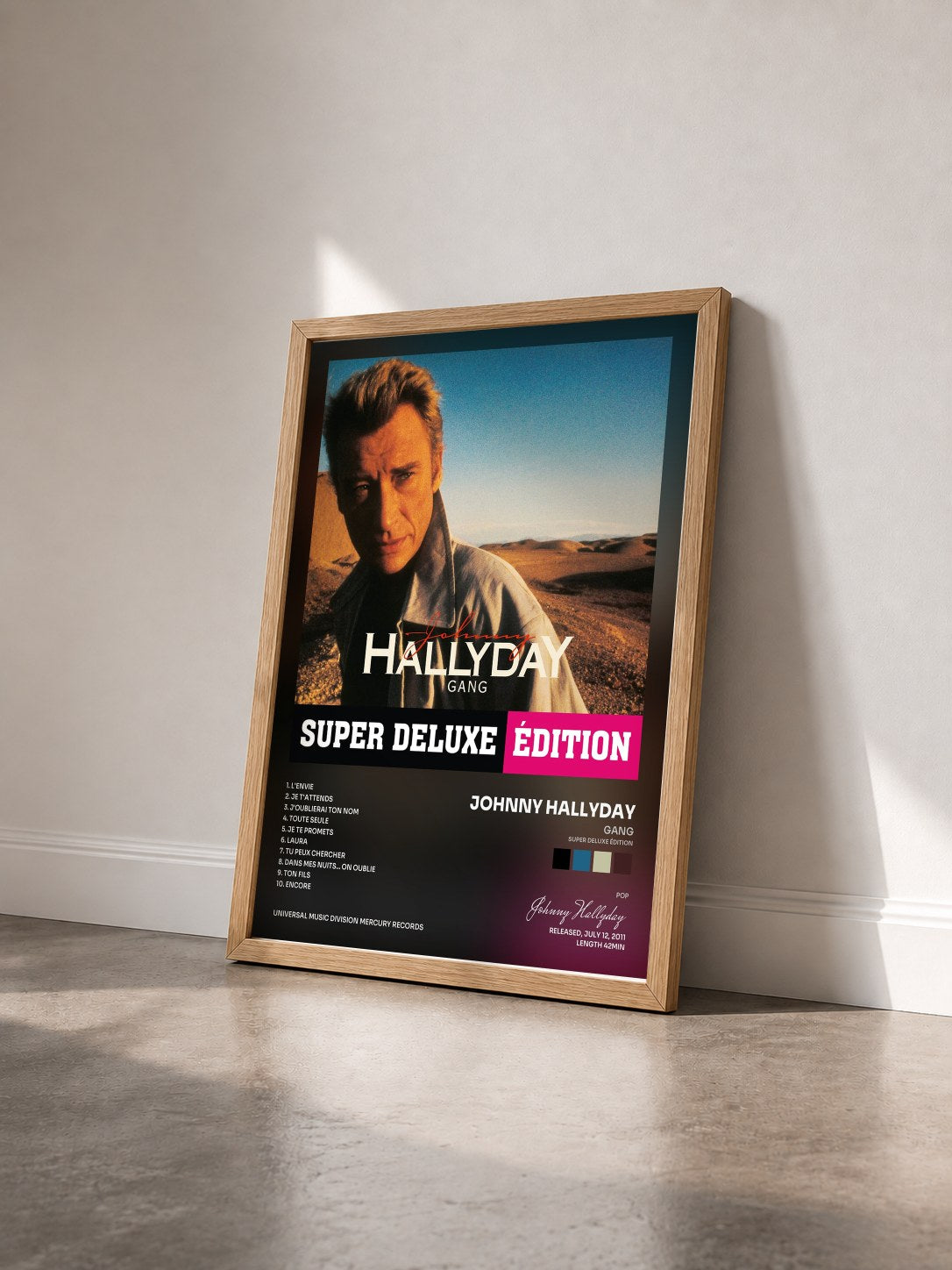 #bois Tableau de l'album Gang (Super deluxe édition) de Johnny Hallyday vu de trois quarts, cadre en bois brut
