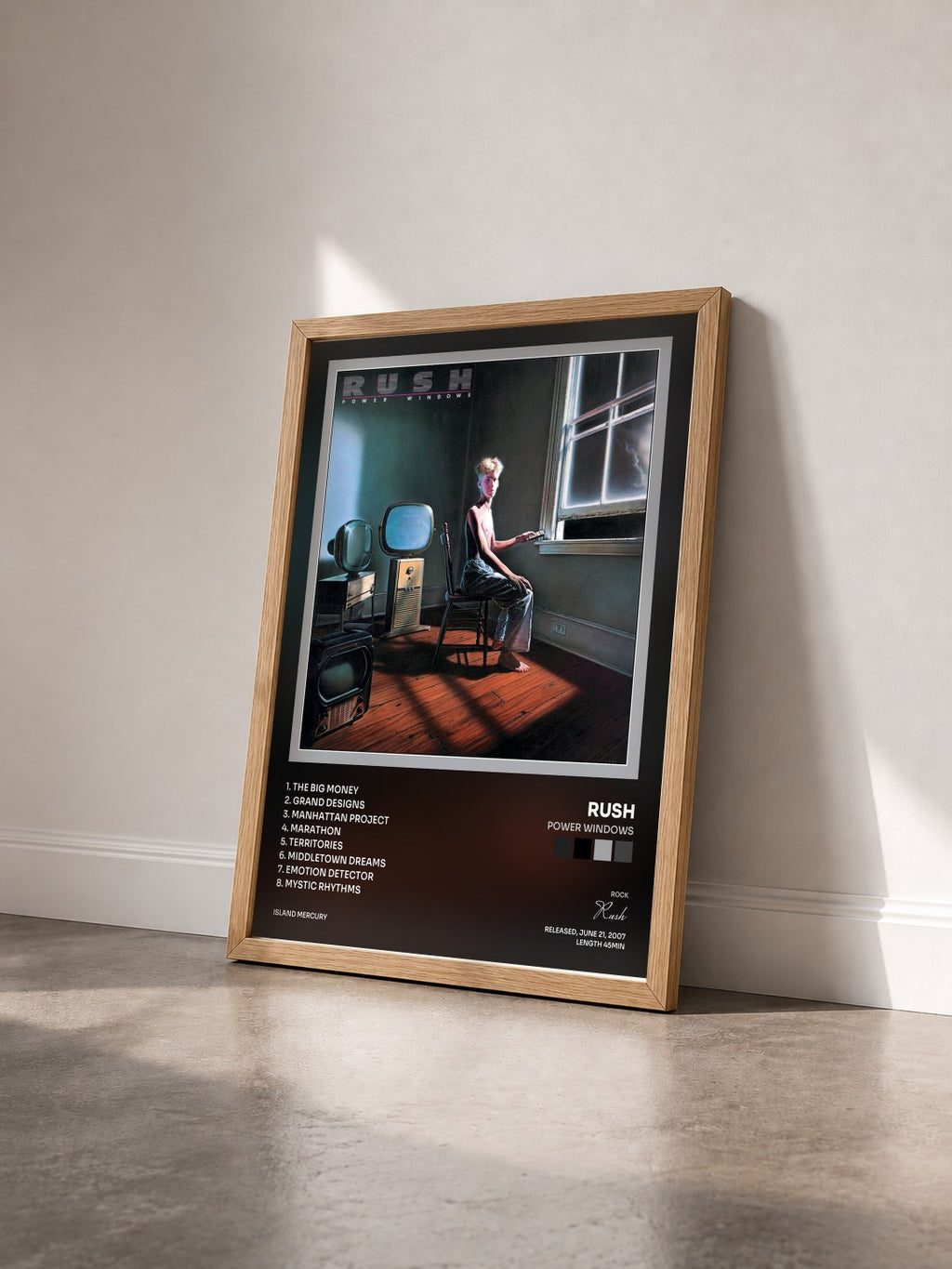 #bois Tableau de l'album Power Windows de Rush vu de trois quarts, cadre en bois brut