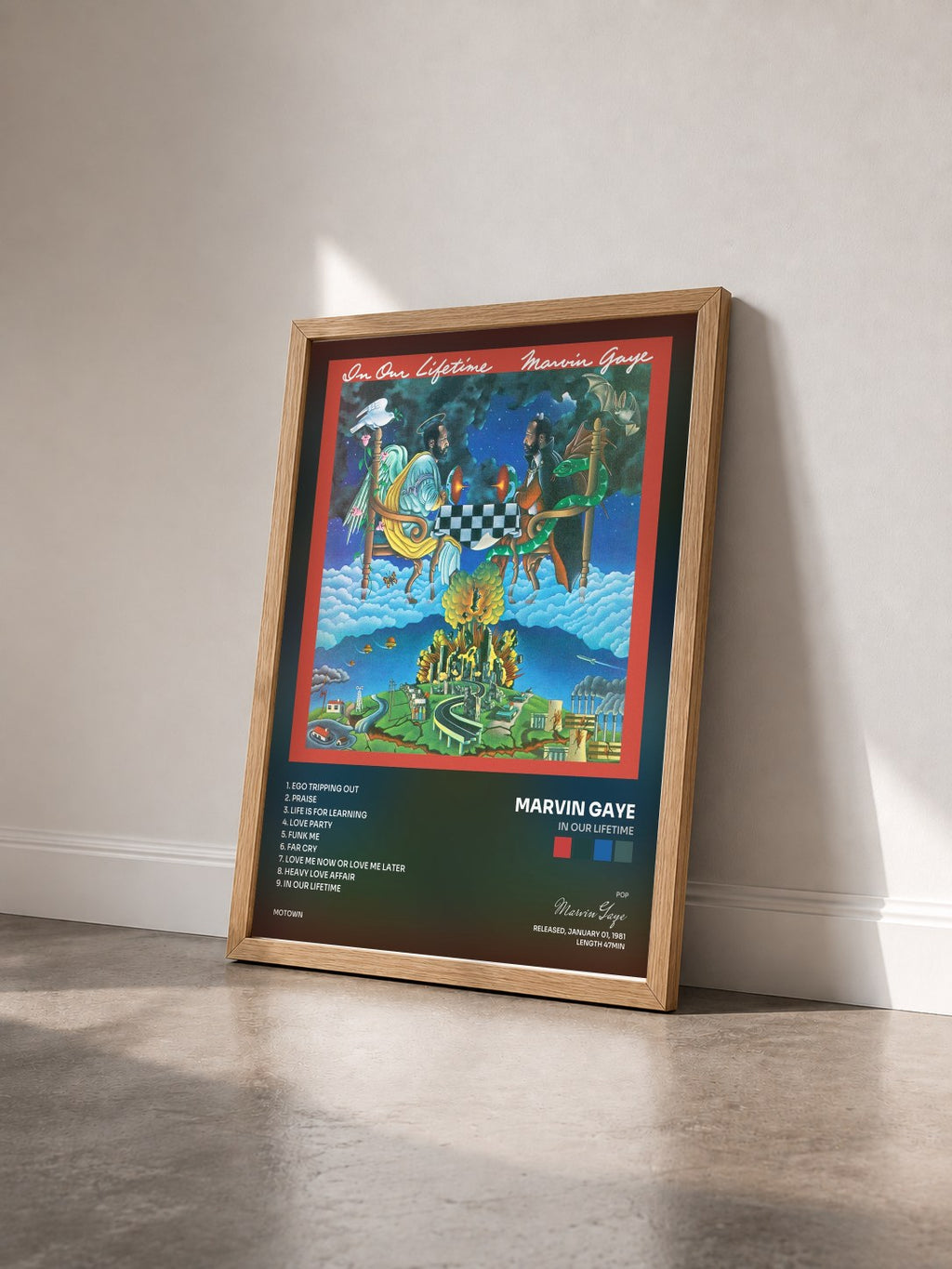 #bois Tableau de l'album In Our Lifetime de Marvin Gaye vu de trois quarts, cadre en bois brut