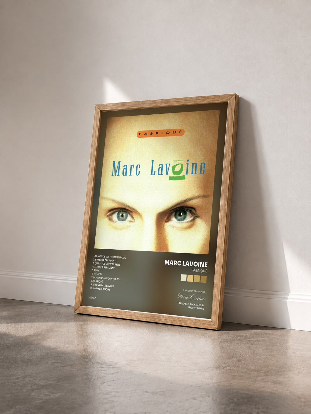 #bois Tableau de l'album Fabriqué de Marc Lavoine vu de trois quarts, cadre en bois brut