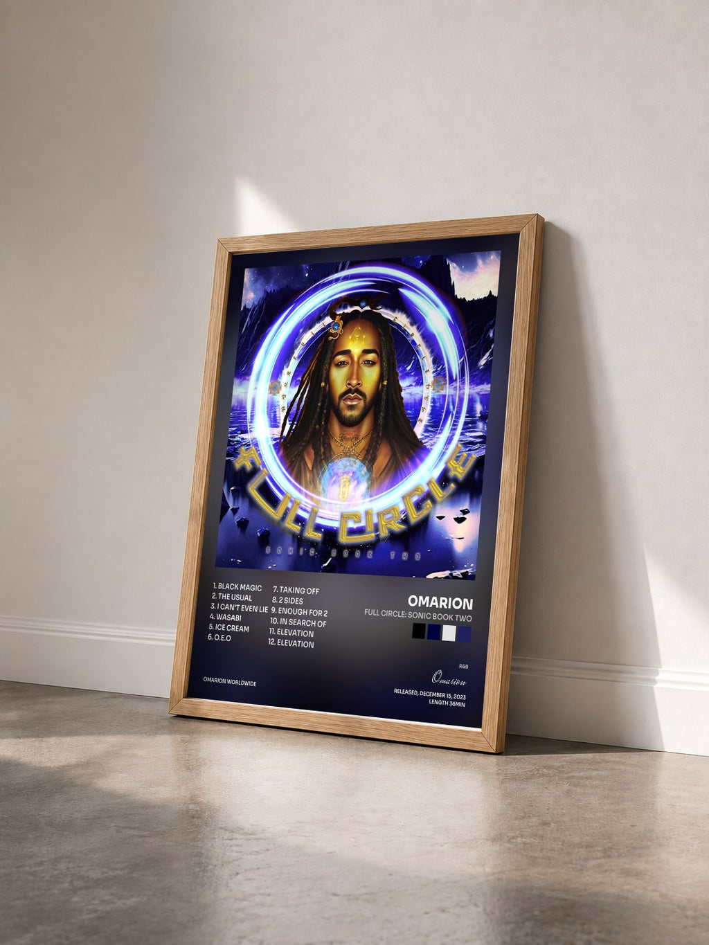 #bois Tableau de l'album Full Circle: Sonic Book Two de Omarion vu de trois quarts, cadre en bois brut