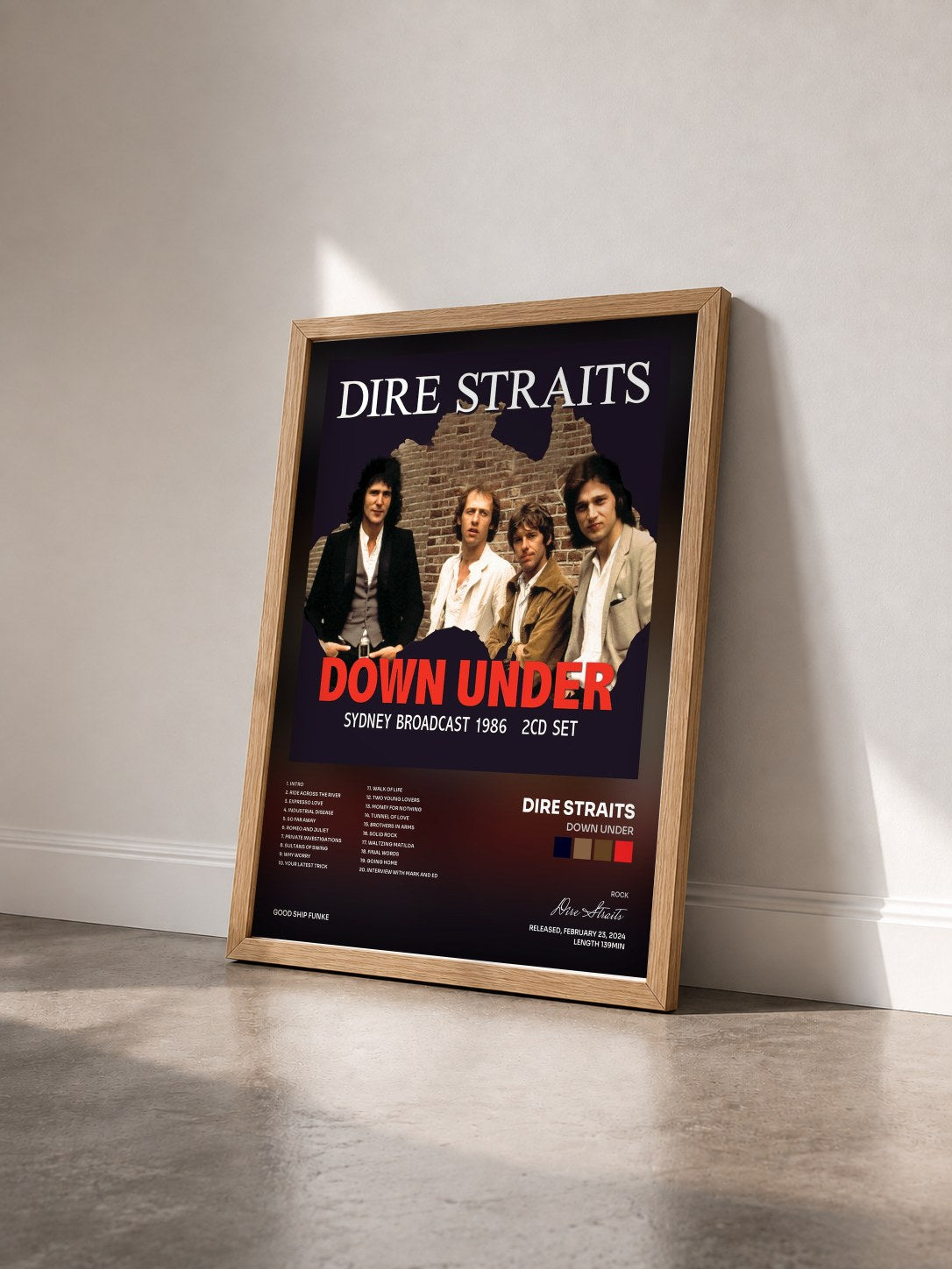 #bois Tableau de l'album Down Under de Dire Straits vu de trois quarts, cadre en bois brut