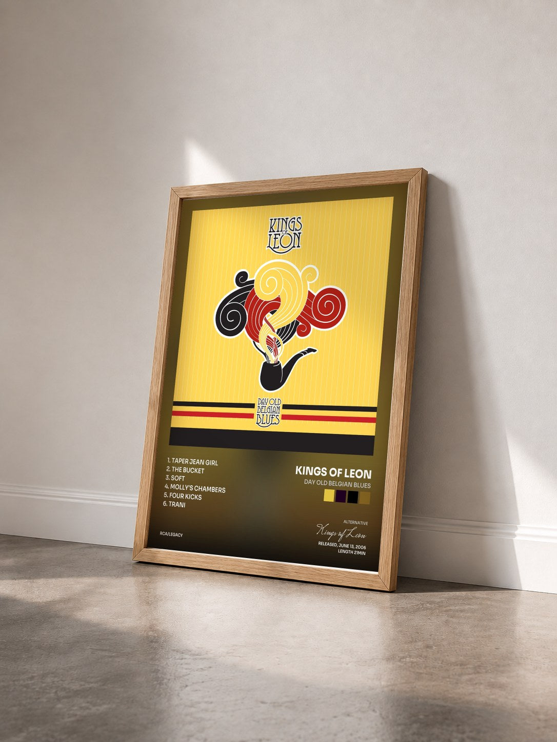 #bois Tableau de l'album Day Old Belgian Blues de Kings of Leon vu de trois quarts, cadre en bois brut