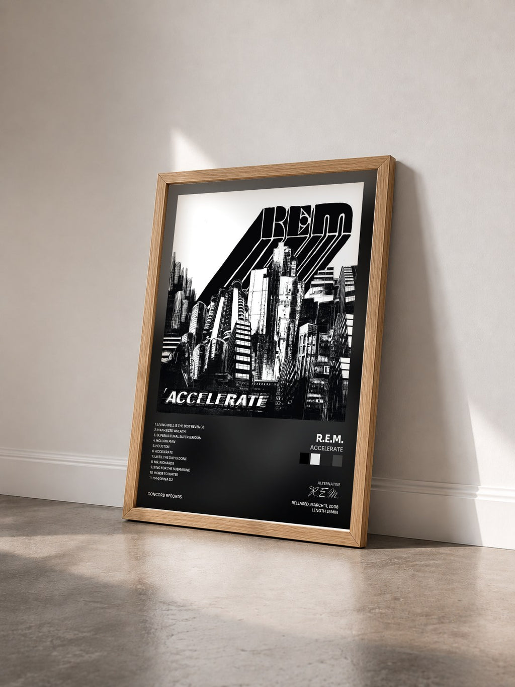 #bois Tableau de l'album Accelerate de R.E.M. vu de trois quarts, cadre en bois brut