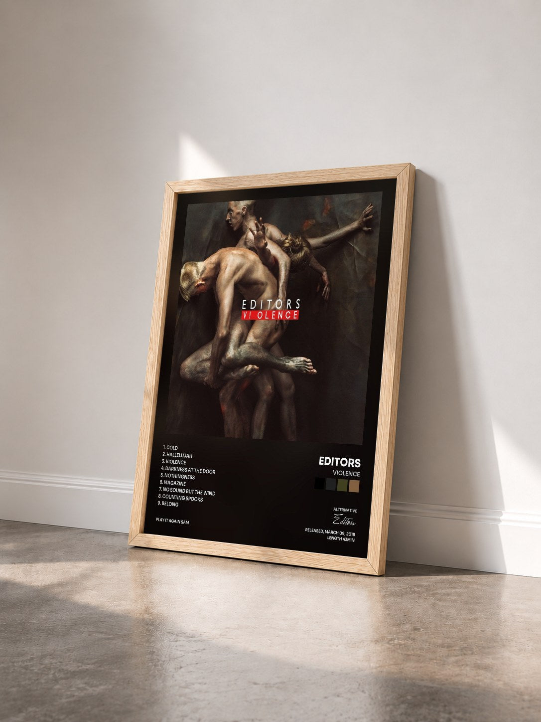 #bois Tableau de l'album Violence de Editors vu de trois quarts, cadre en bois brut