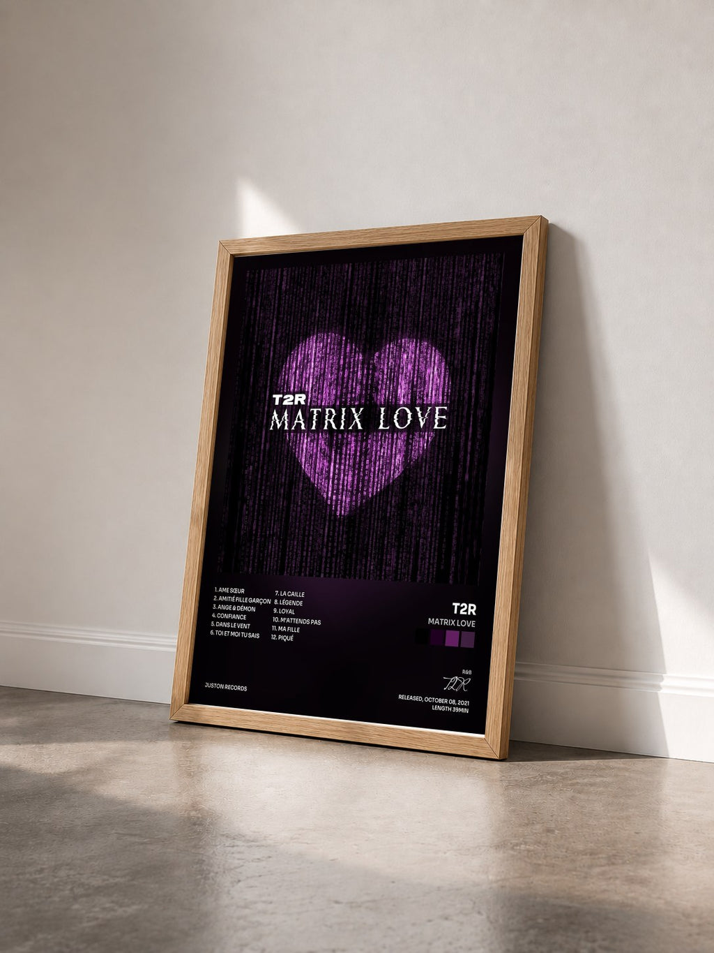 #bois Tableau de l'album Matrix Love de T2R vu de trois quarts, cadre en bois brut