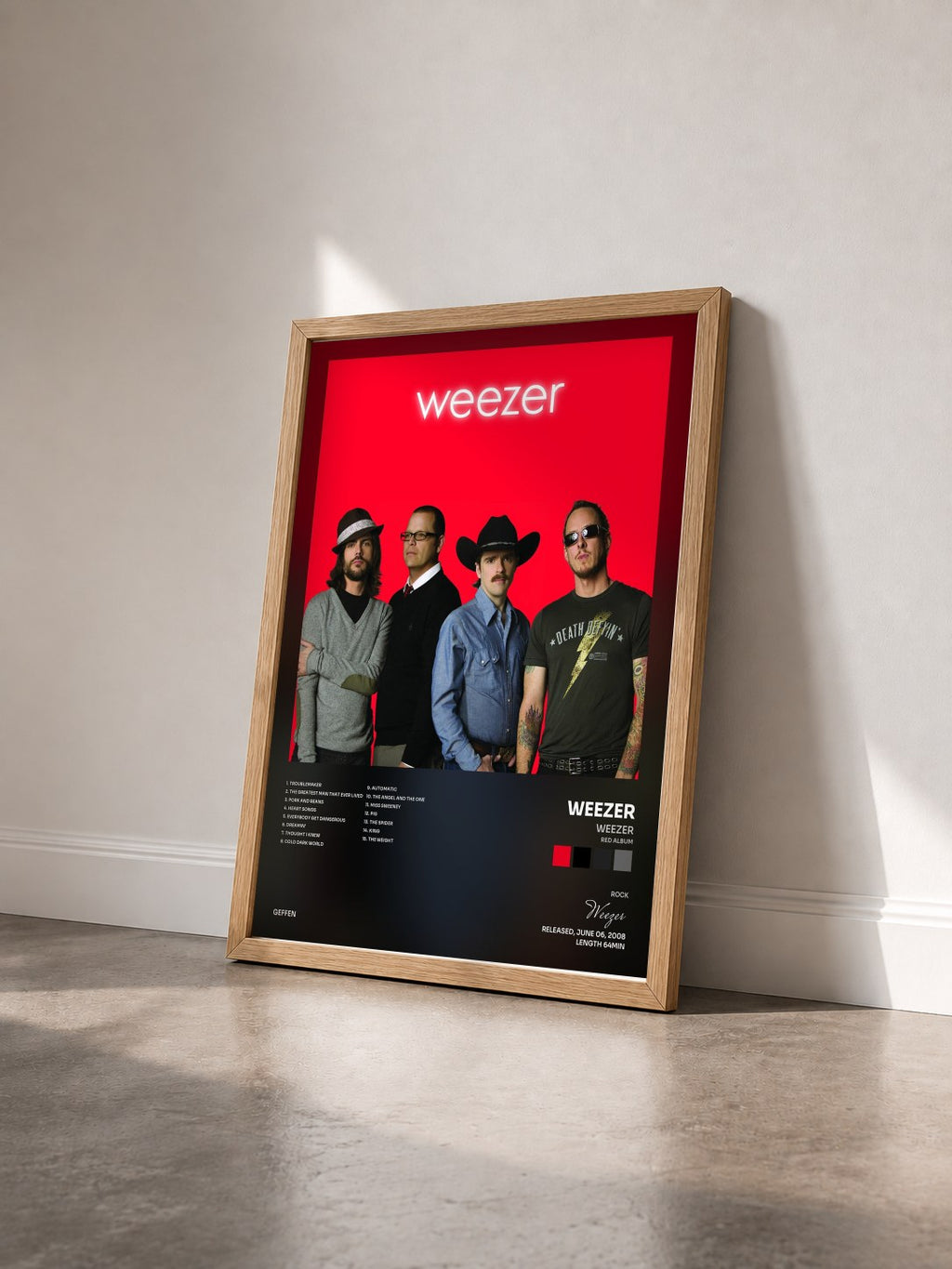 #bois Tableau de l'album Weezer (Red Album) de Weezer vu de trois quarts, cadre en bois brut