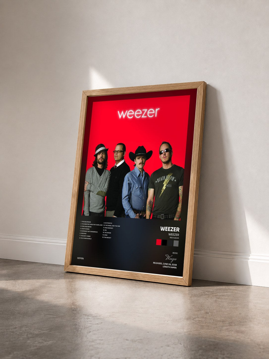 #bois Tableau de l'album Weezer (Red Album) de Weezer vu de trois quarts, cadre en bois brut