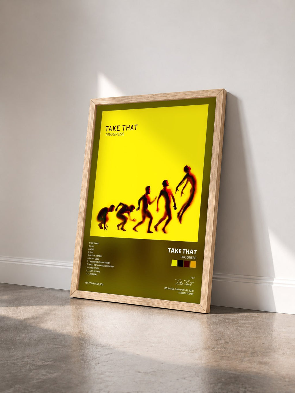 #bois Tableau de l'album Progress de Take That vu de trois quarts, cadre en bois brut