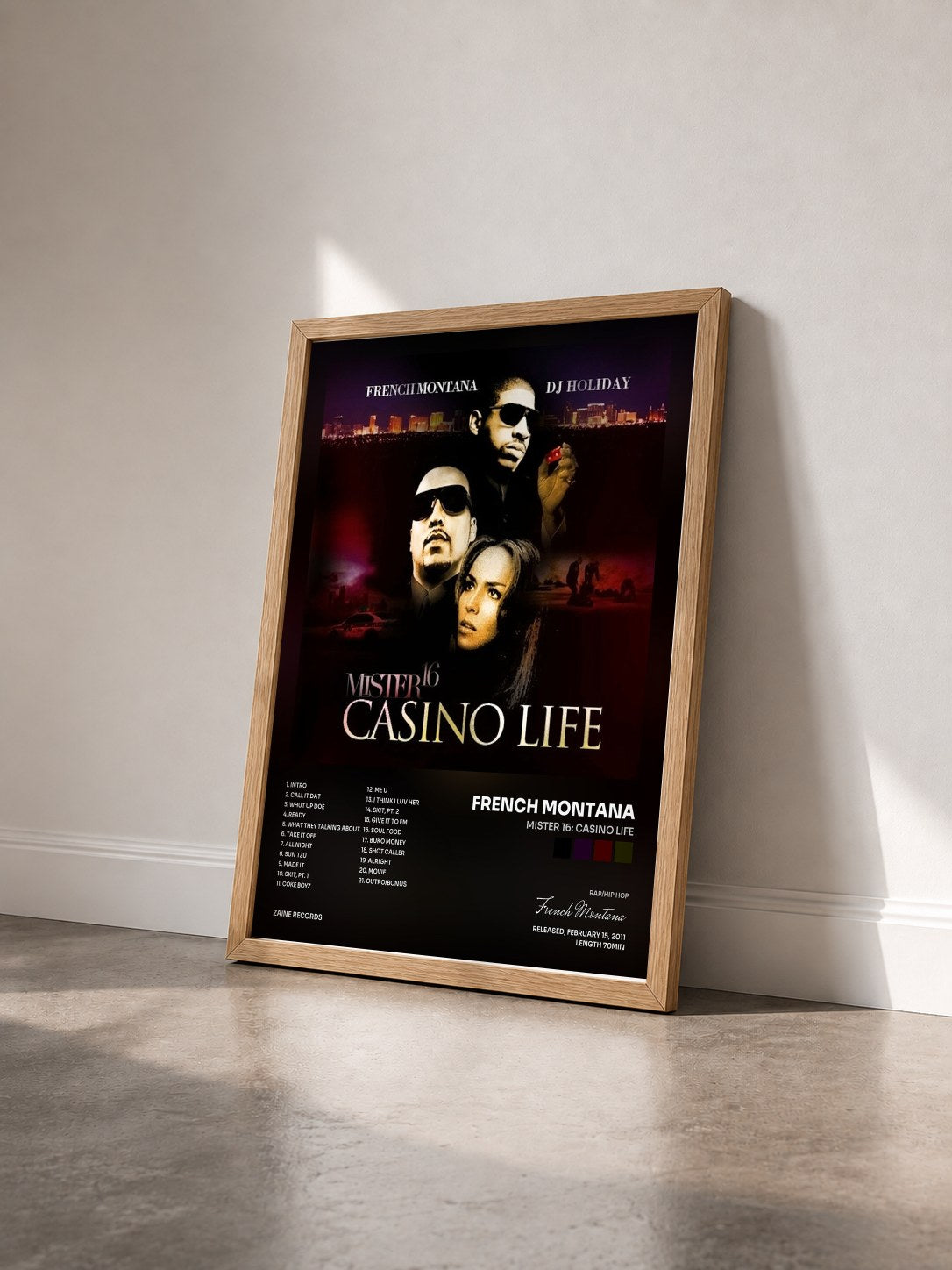 #bois Tableau de l'album Mister 16: Casino Life de French Montana vu de trois quarts, cadre en bois brut