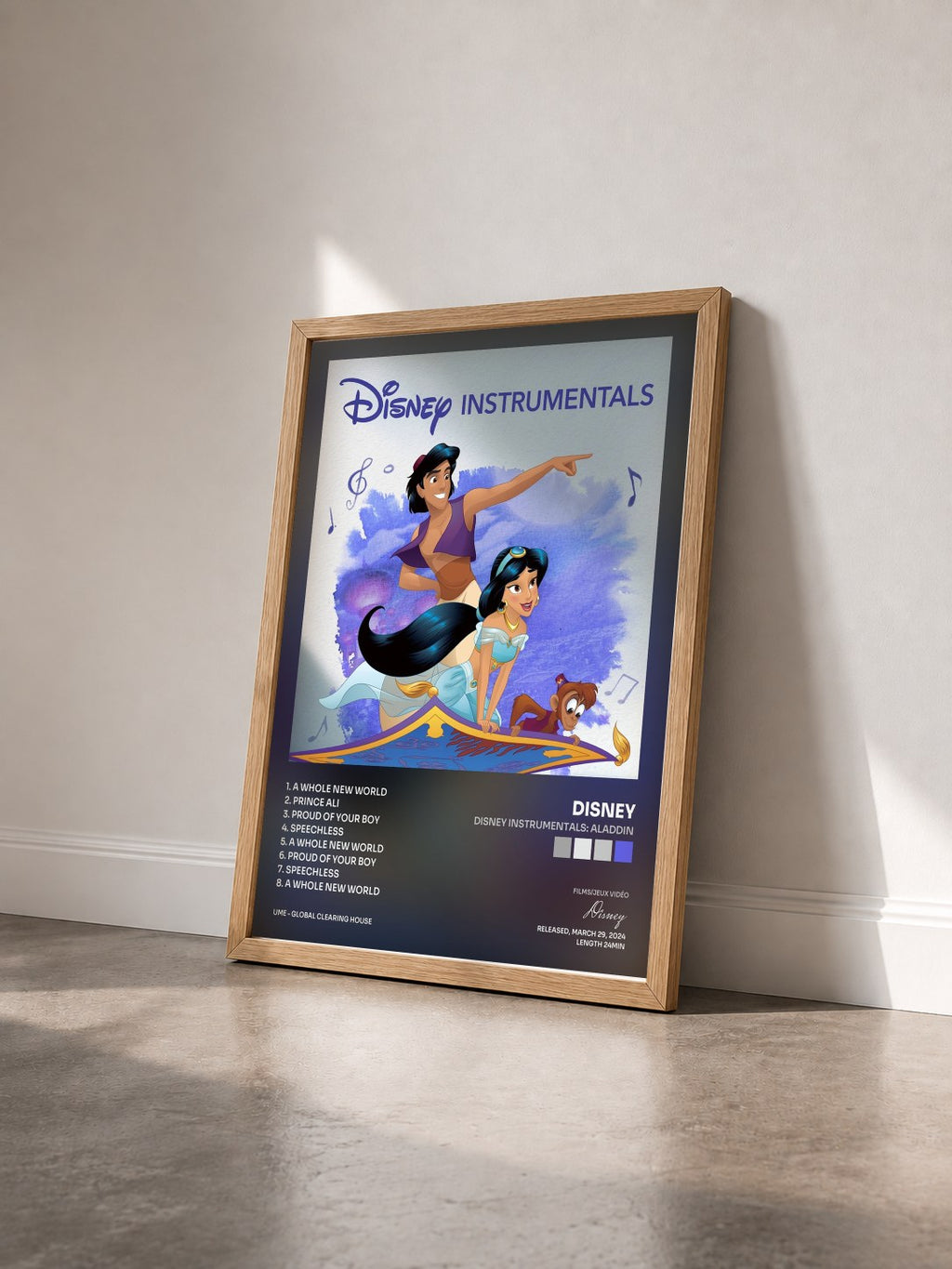 #bois Tableau de l'album Disney Instrumentals: Aladdin de Disney vu de trois quarts, cadre en bois brut