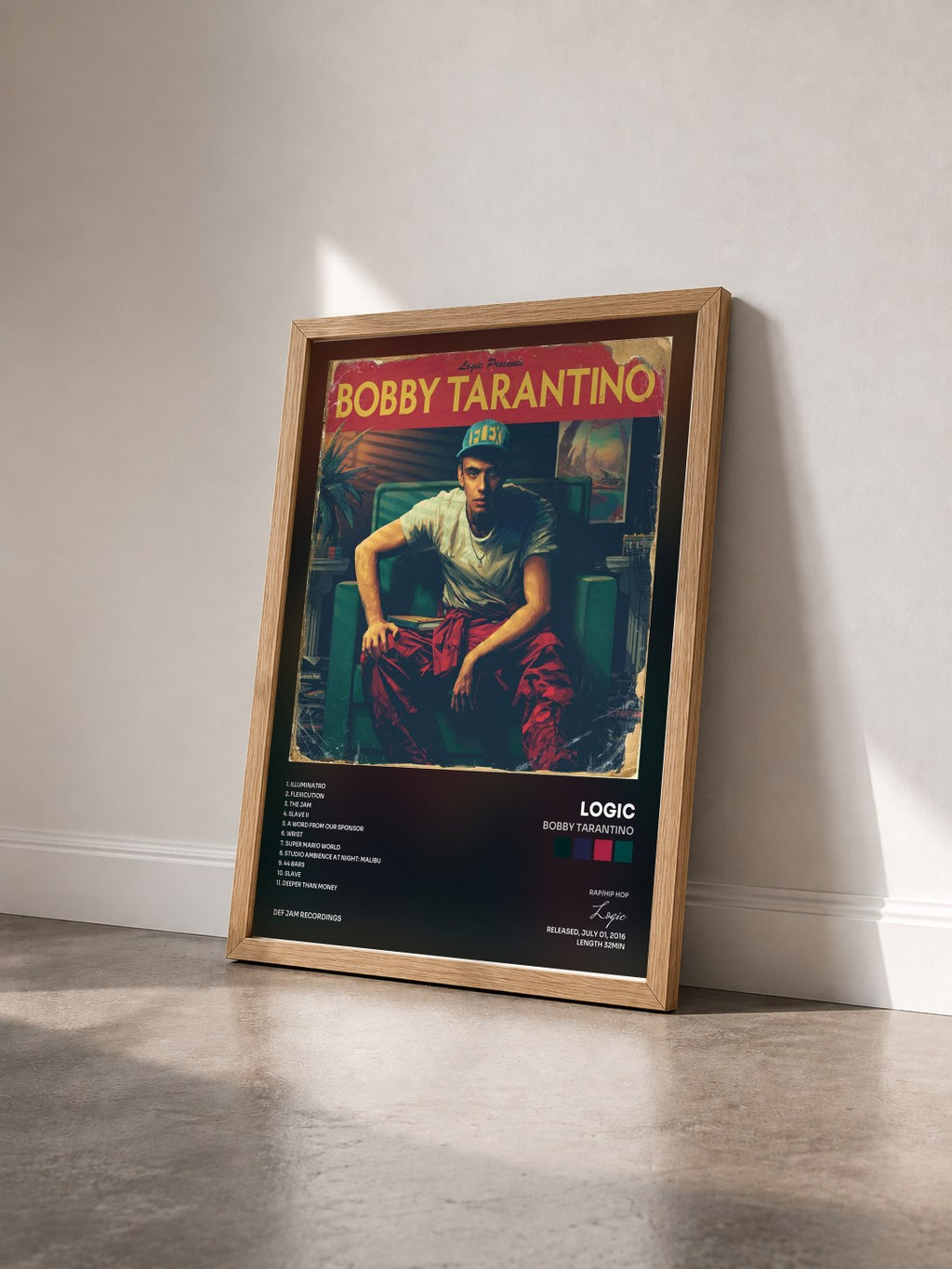 #bois Tableau de l'album Bobby Tarantino de Logic vu de trois quarts, cadre en bois brut