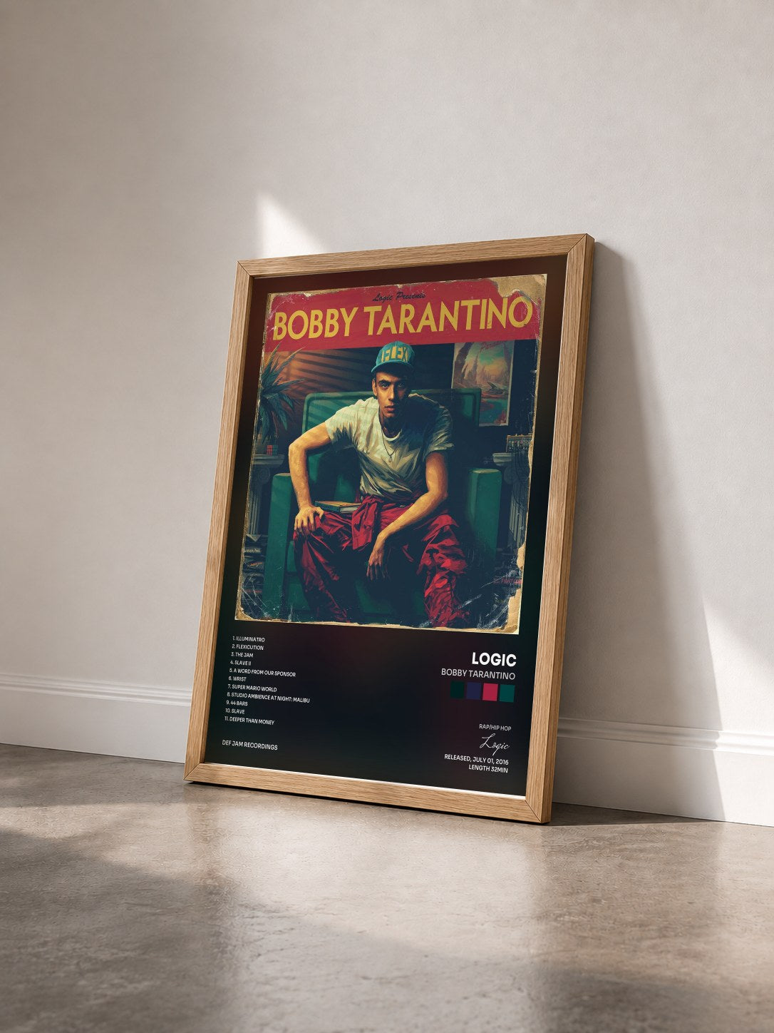 #bois Tableau de l'album Bobby Tarantino de Logic vu de trois quarts, cadre en bois brut