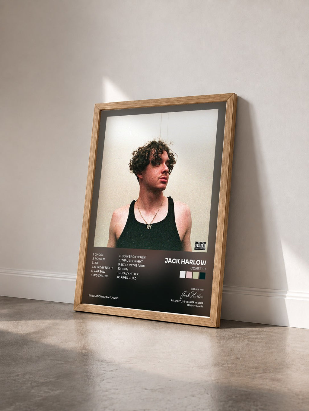 #bois Tableau de l'album Confetti de Jack Harlow vu de trois quarts, cadre en bois brut