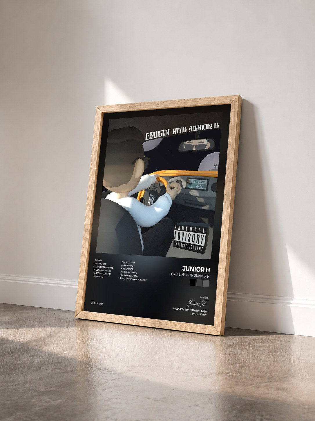 #bois Tableau de l'album Cruisin' with Junior H de Junior H vu de trois quarts, cadre en bois brut