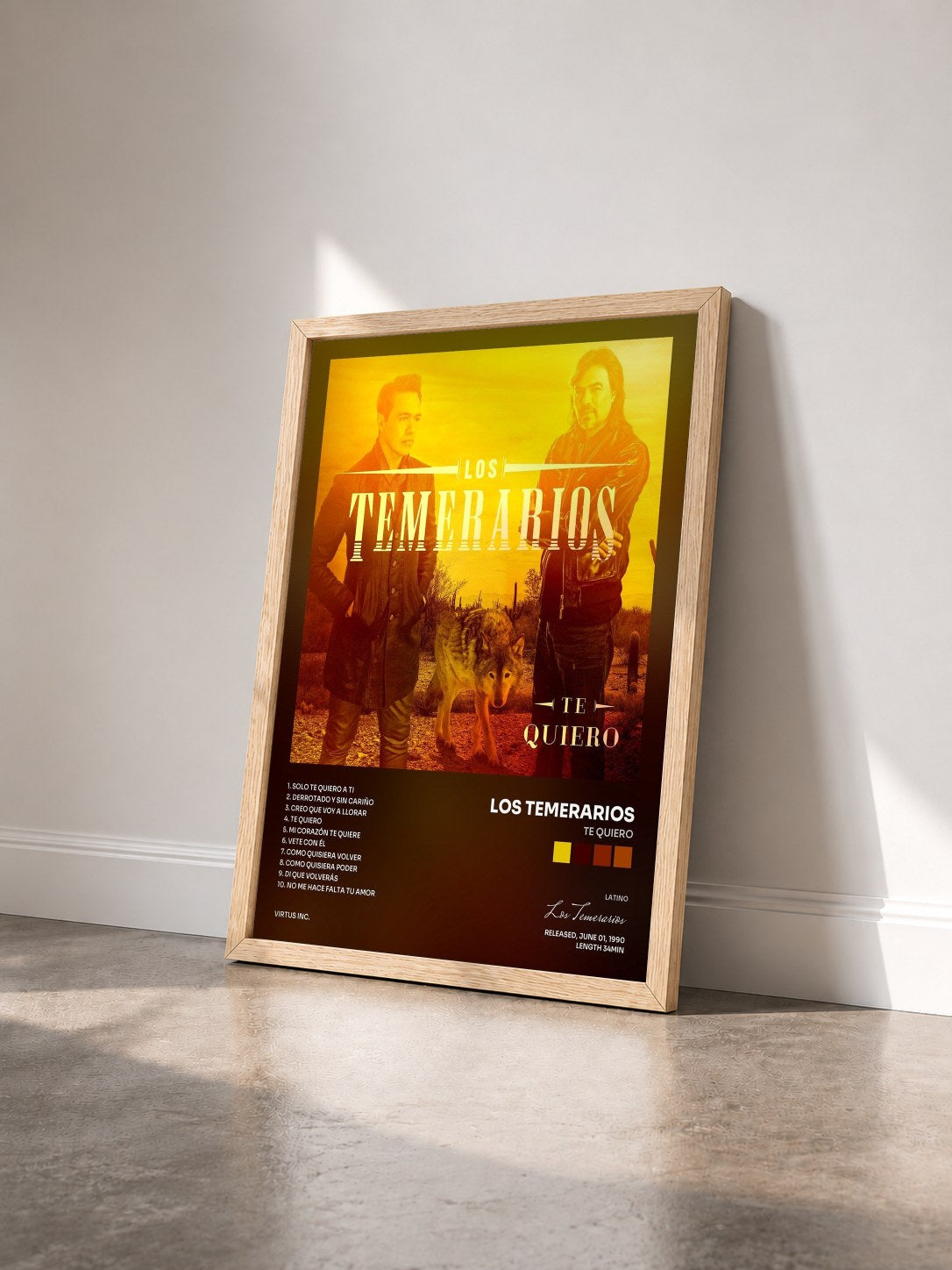 #bois Tableau de l'album Te Quiero de Los Temerarios vu de trois quarts, cadre en bois brut