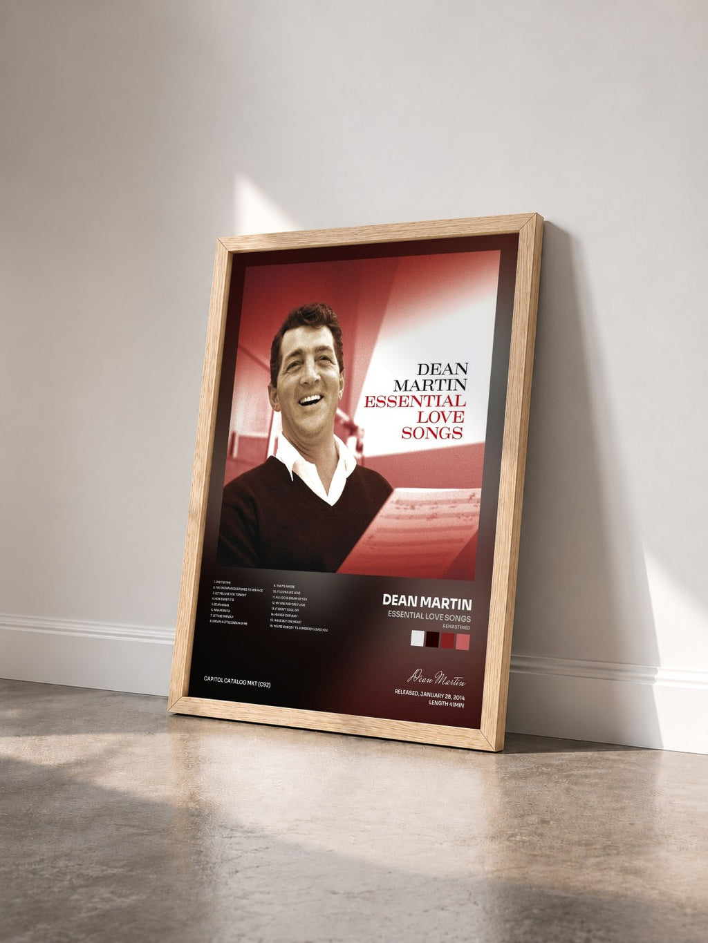 #bois Tableau de l'album Essential Love Songs (Remastered) de Dean Martin vu de trois quarts, cadre en bois brut
