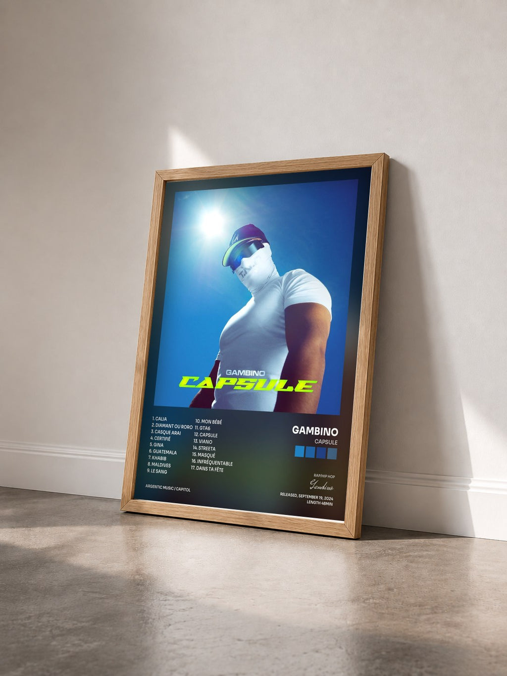 #bois Tableau de l'album CAPSULE de Gambino vu de trois quarts, cadre en bois brut