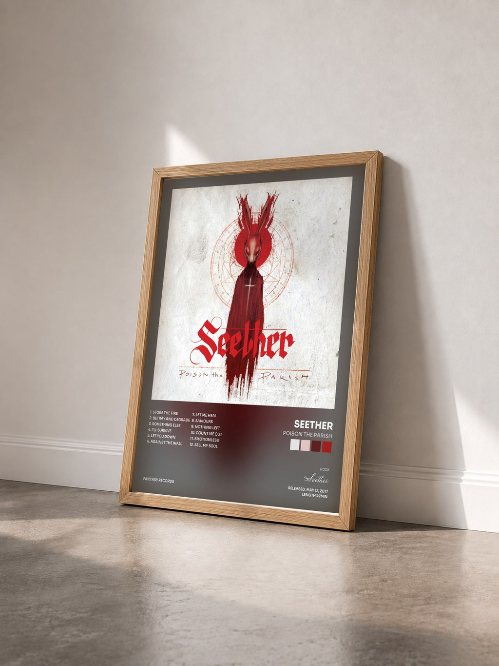 #bois Tableau de l'album Poison The Parish de Seether vu de trois quarts, cadre en bois brut