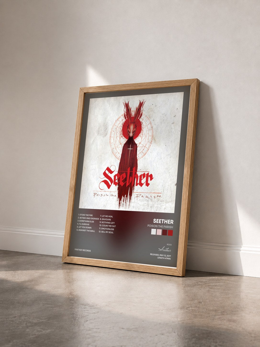 #bois Tableau de l'album Poison The Parish de Seether vu de trois quarts, cadre en bois brut