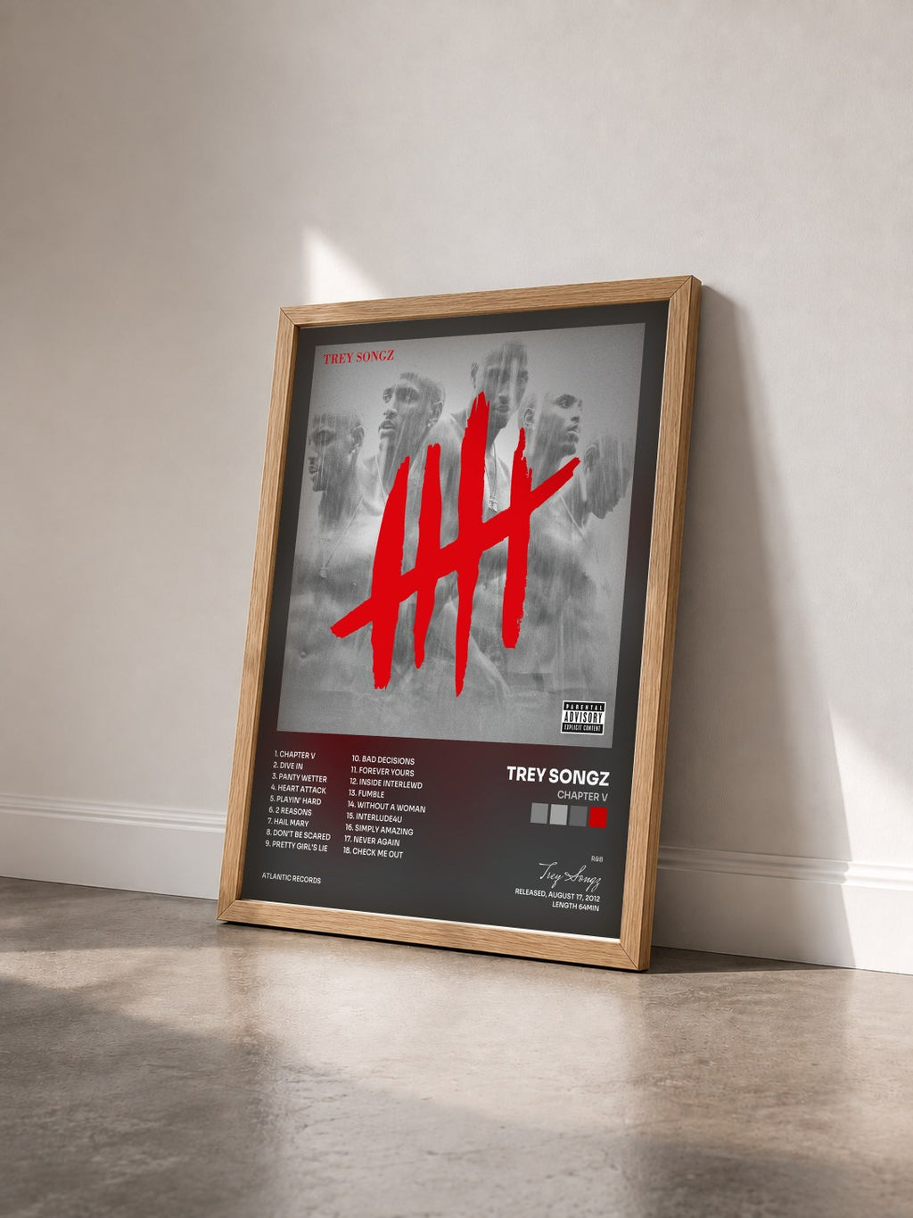 #bois Tableau de l'album Chapter V de Trey Songz vu de trois quarts, cadre en bois brut