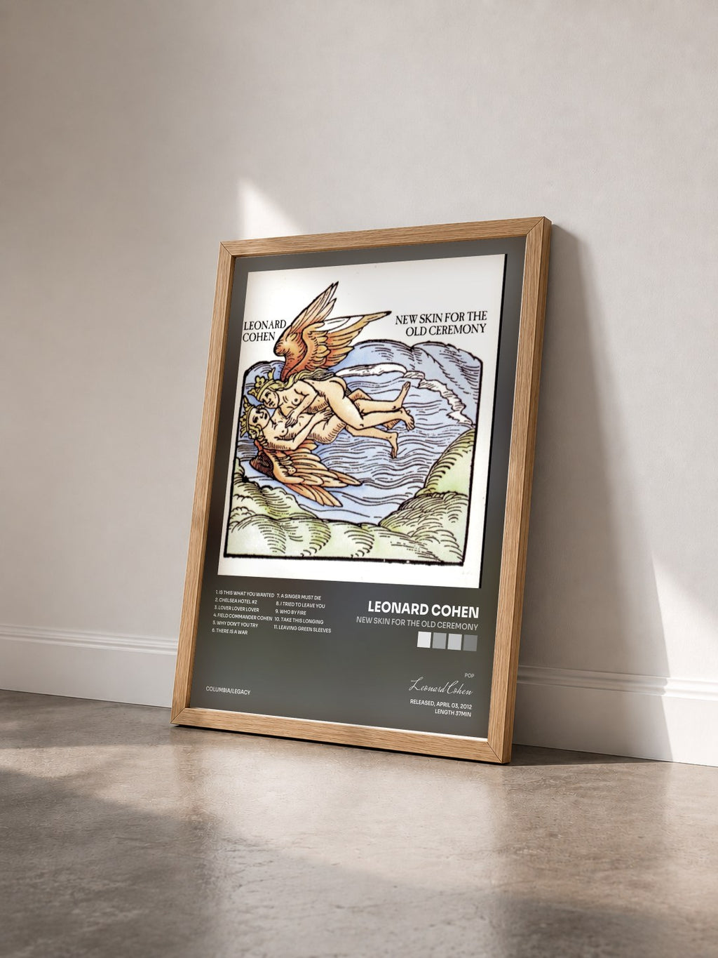 #bois Tableau de l'album New Skin For The Old Ceremony de Leonard Cohen vu de trois quarts, cadre en bois brut