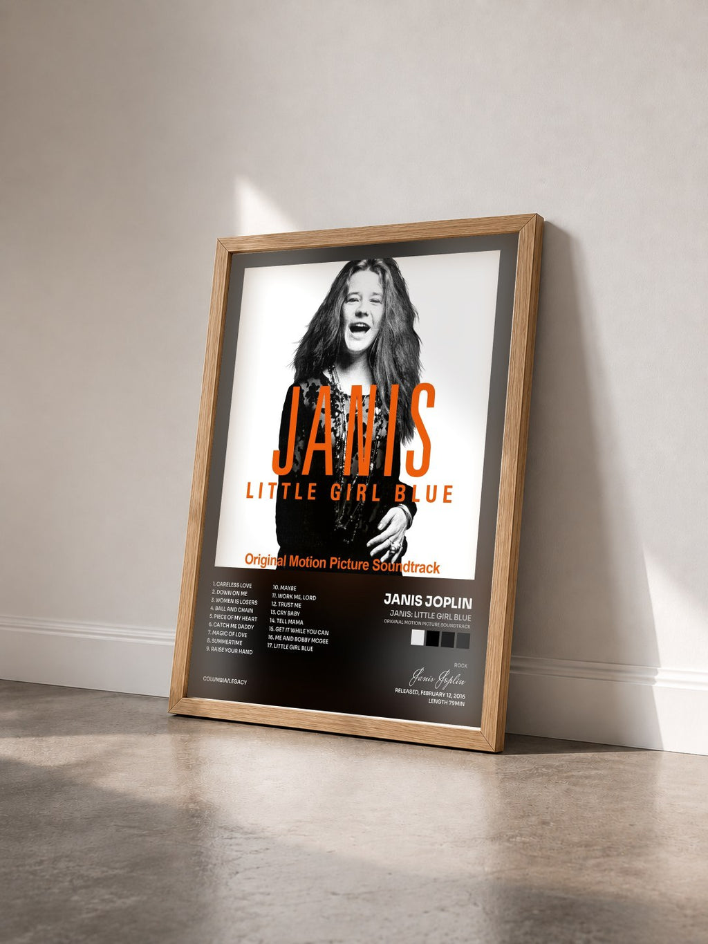#bois Tableau de l'album Janis: Little Girl Blue (Original Motion Picture Soundtrack) de Janis Joplin vu de trois quarts, cadre en bois brut