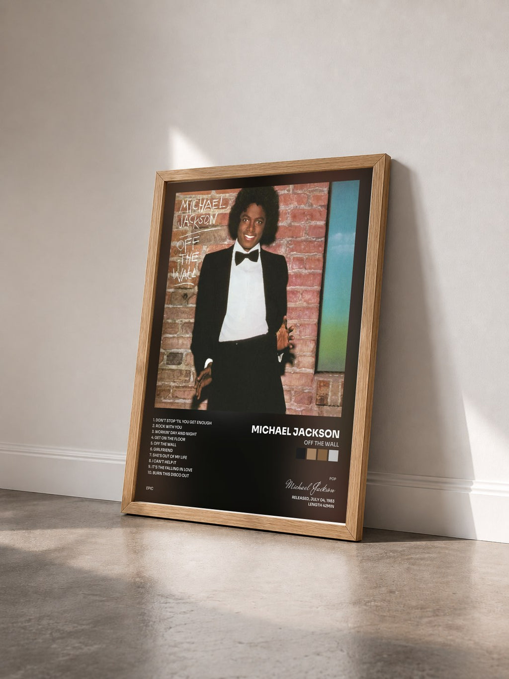 #bois Tableau de l'album Off the Wall de Michael Jackson vu de trois quarts, cadre en bois brut