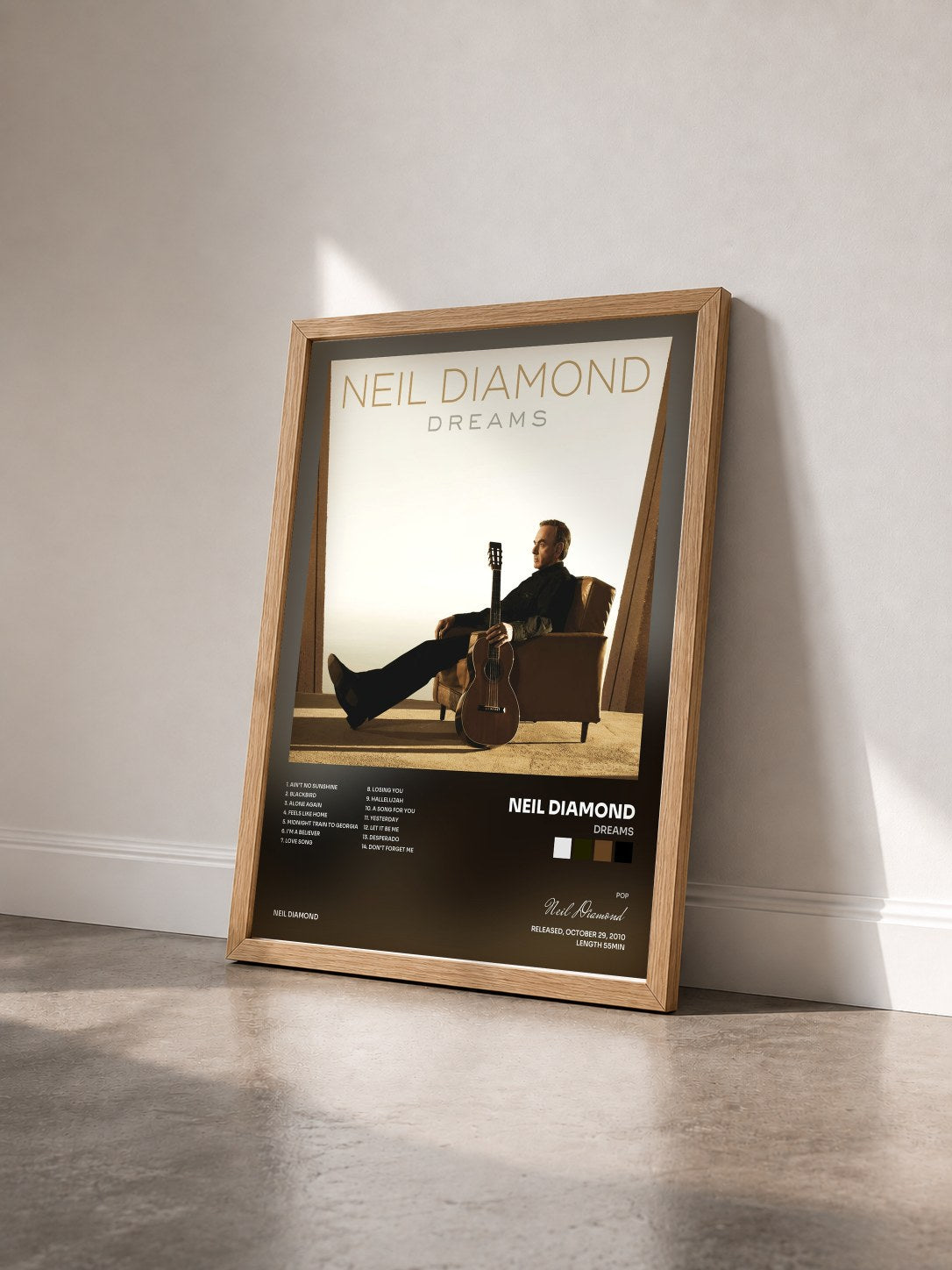 #bois Tableau de l'album Dreams de Neil Diamond vu de trois quarts, cadre en bois brut