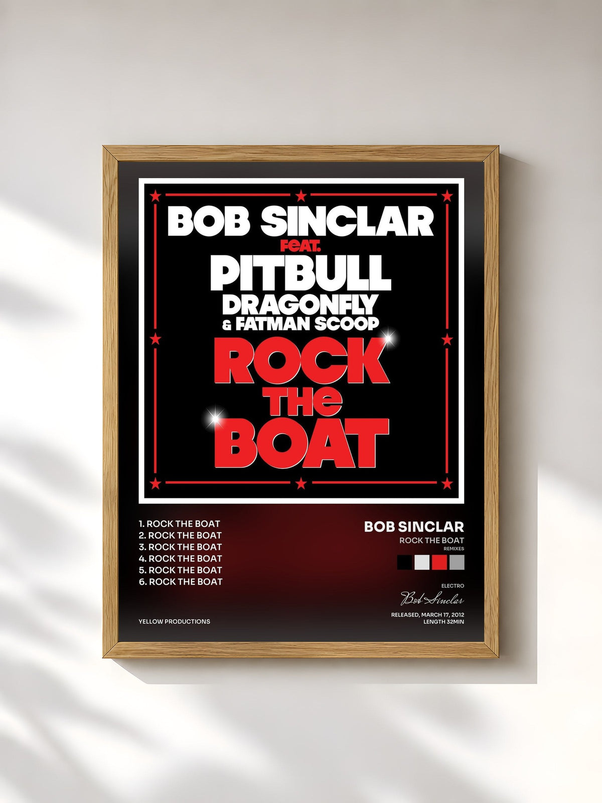 #bois Tableau de l'album Rock the Boat (Remixes) de Bob Sinclar, cadre en bois brut, imprimé et encadré en France