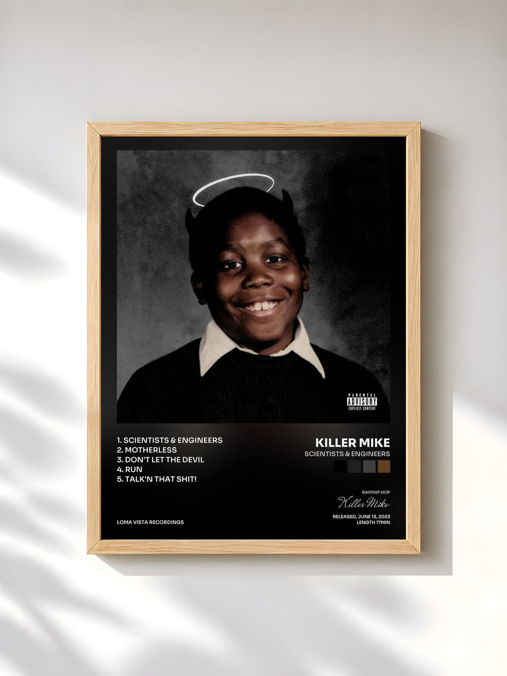 #bois Tableau de l'album SCIENTISTS & ENGINEERS de Killer Mike, cadre en bois brut, imprimé et encadré en France
