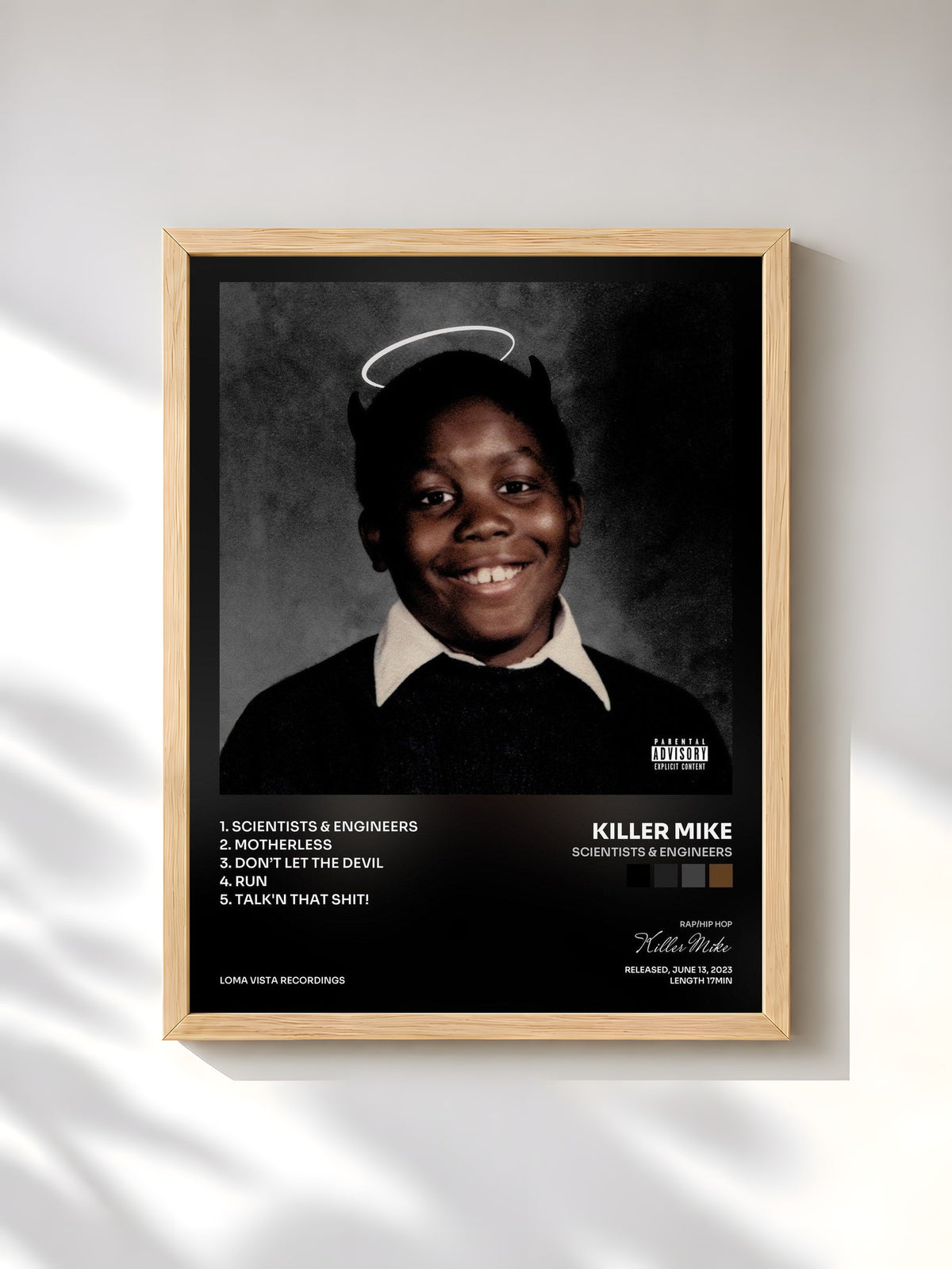 #bois Tableau de l'album SCIENTISTS & ENGINEERS de Killer Mike, cadre en bois brut, imprimé et encadré en France