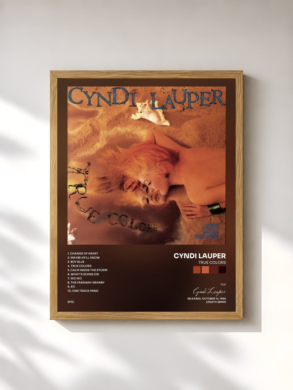 #bois Tableau de l'album True Colors de Cyndi Lauper, cadre en bois brut, imprimé et encadré en France