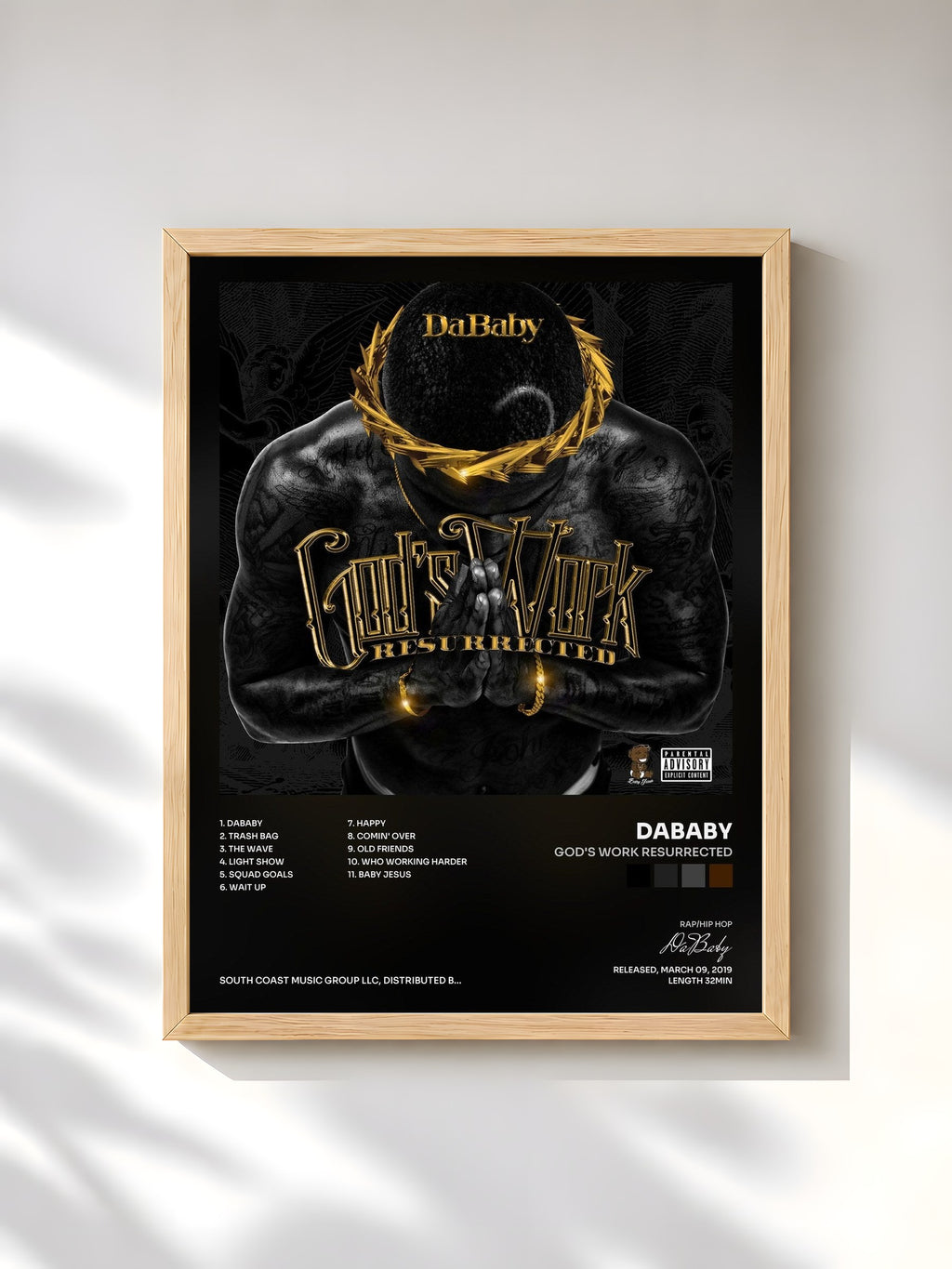 #bois Tableau de l'album God's Work Resurrected de DaBaby, cadre en bois brut, imprimé et encadré en France