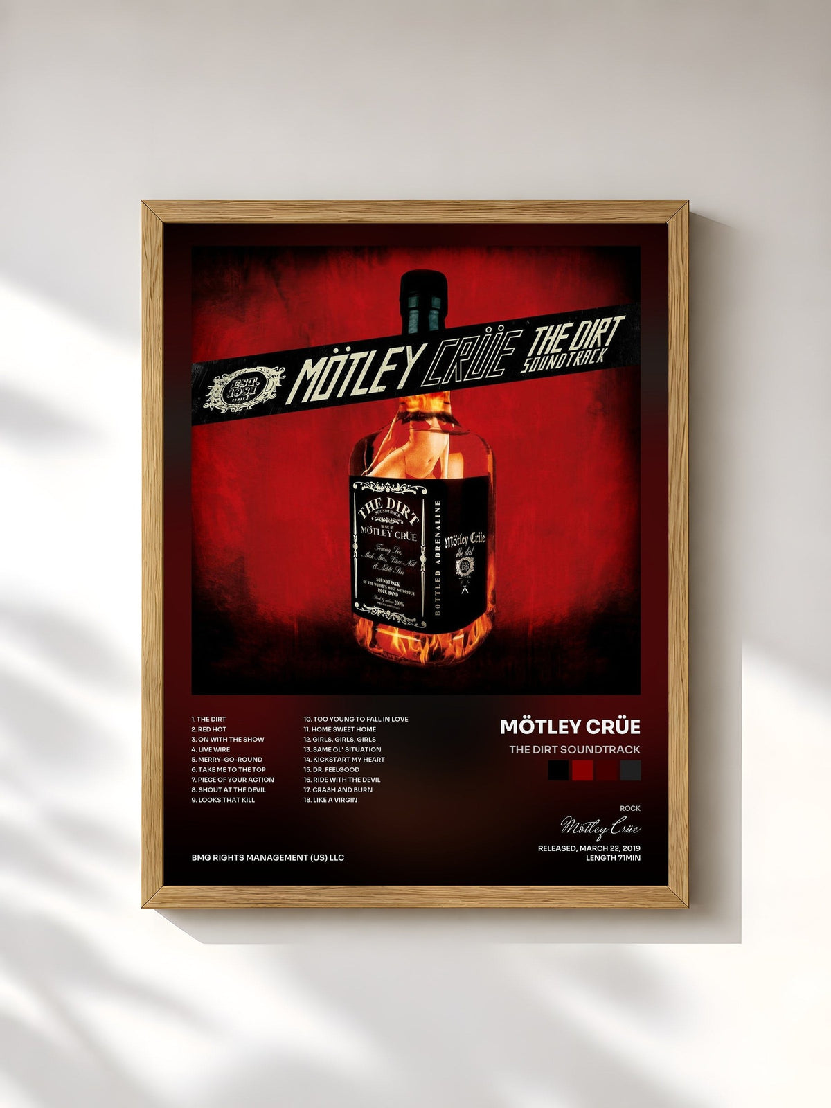 #bois Tableau de l'album The Dirt Soundtrack de Mötley Crüe, cadre en bois brut, imprimé et encadré en France