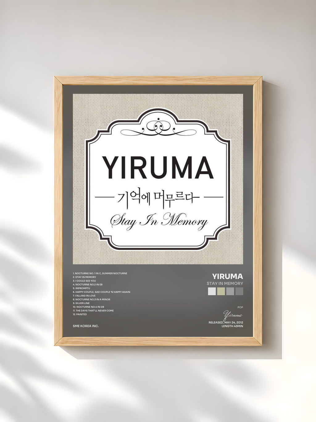 #bois Tableau de l'album Stay in Memory de Yiruma, cadre en bois brut, imprimé et encadré en France