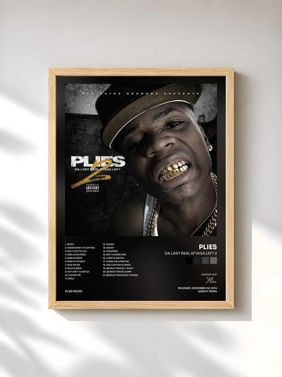 #bois Tableau de l'album Da Last Real N*gga Left 2 de Plies, cadre en bois brut, imprimé et encadré en France