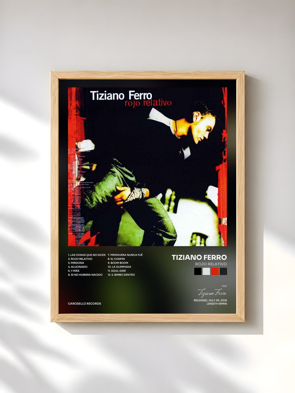 #bois Tableau de l'album Rojo Relativo de Tiziano Ferro, cadre en bois brut, imprimé et encadré en France