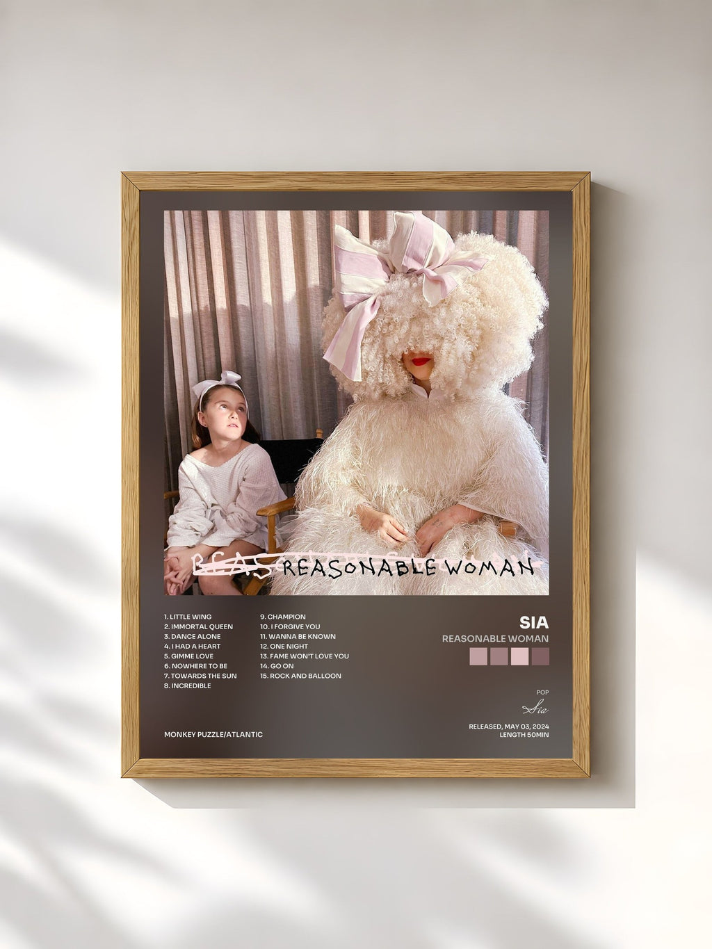 #bois Tableau de l'album Reasonable Woman de Sia, cadre en bois brut, imprimé et encadré en France