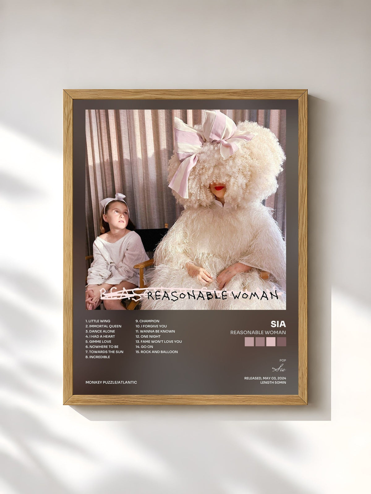 #bois Tableau de l'album Reasonable Woman de Sia, cadre en bois brut, imprimé et encadré en France